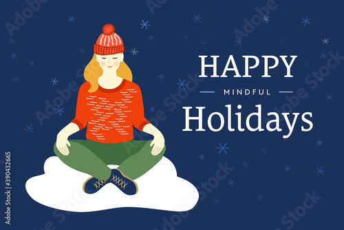 Happy Mindful Holidays  - Holiday card with meditating person