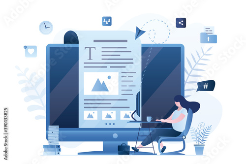 Blogger at workplace. Female journalist create various media content. Blogging, copywriting or storytelling concept.