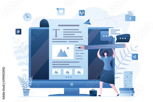 Female journalist or blogger create various media content. Blogging, copywriting or storytelling concept.