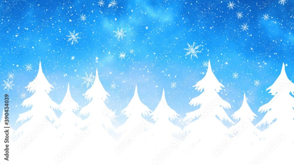 Digital animation of snowflakes falling over trees on winter landscape against blue background Digital animation of snowflakes falling over trees on winter landscape against blue background