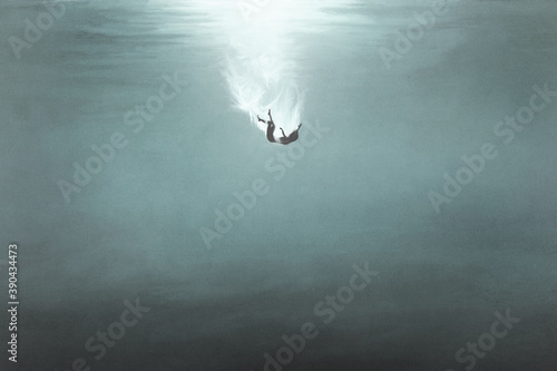 Fototapeta illustration of woman falling underwater, surreal concept