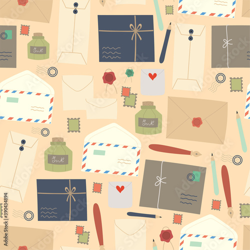 Cute snail mail seamless pattern