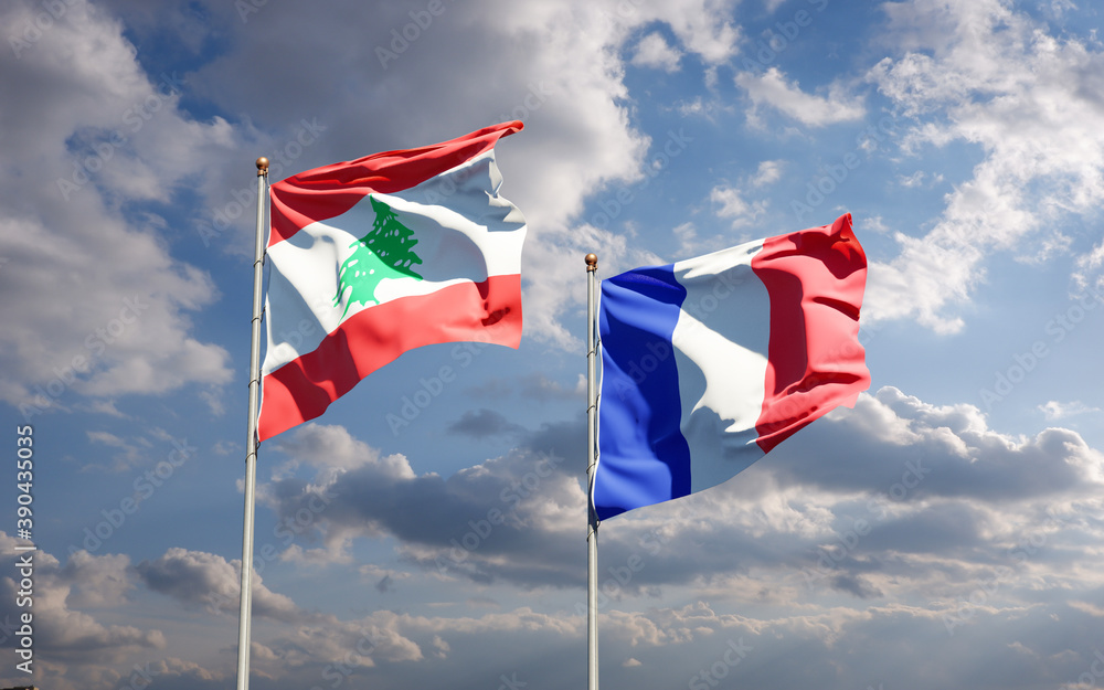 Beautiful national state flags of Lebanon and France together at the sky background. 3D artwork concept.