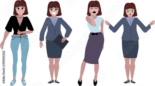 urban character set in different poses. simple flat design. set of female characters with different emotions and poses.