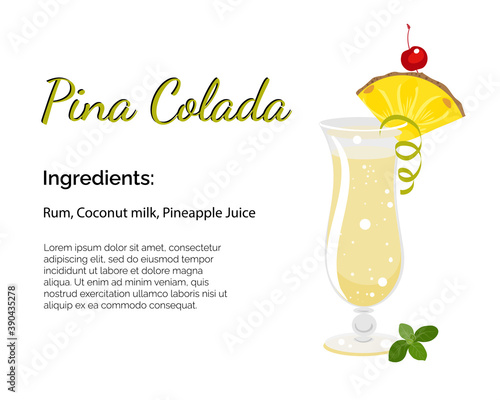 Pina colada cocktail with place for ingredients and recipe isolated on a white background. Cocktail card template. 