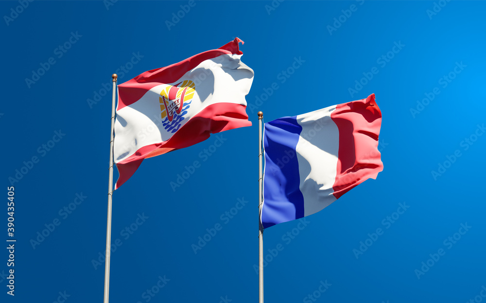 Beautiful national state flags of French Polynesia and France together at the sky background. 3D artwork concept. Beautiful national state flags of French Polynesia and France together at the sky background. 3D artwork concept.
