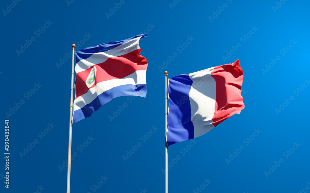 Beautiful national state flags of Costa Rica and France together at the sky background. 3D artwork concept.