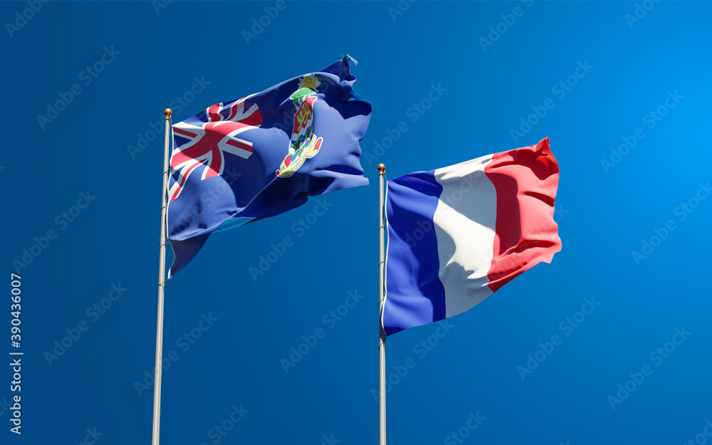 Beautiful national state flags of The Cayman Islands and France together at the sky background. 3D artwork concept. Beautiful national state flags of The Cayman Islands and France together at the sky background. 3D artwork concept.