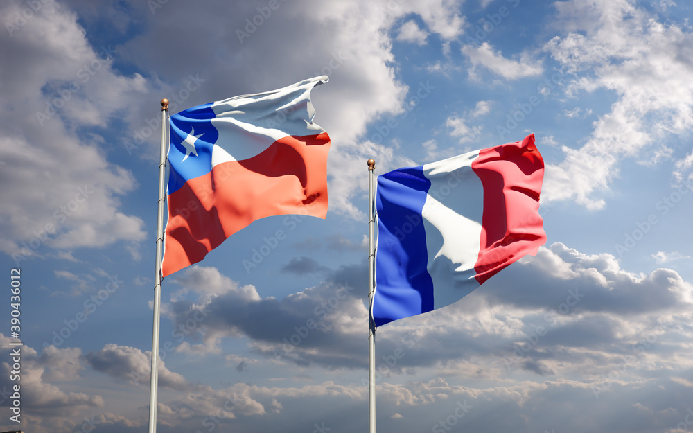 Beautiful national state flags of Chile and France together at the sky background. 3D artwork concept. Beautiful national state flags of Chile and France together at the sky background. 3D artwork concept.