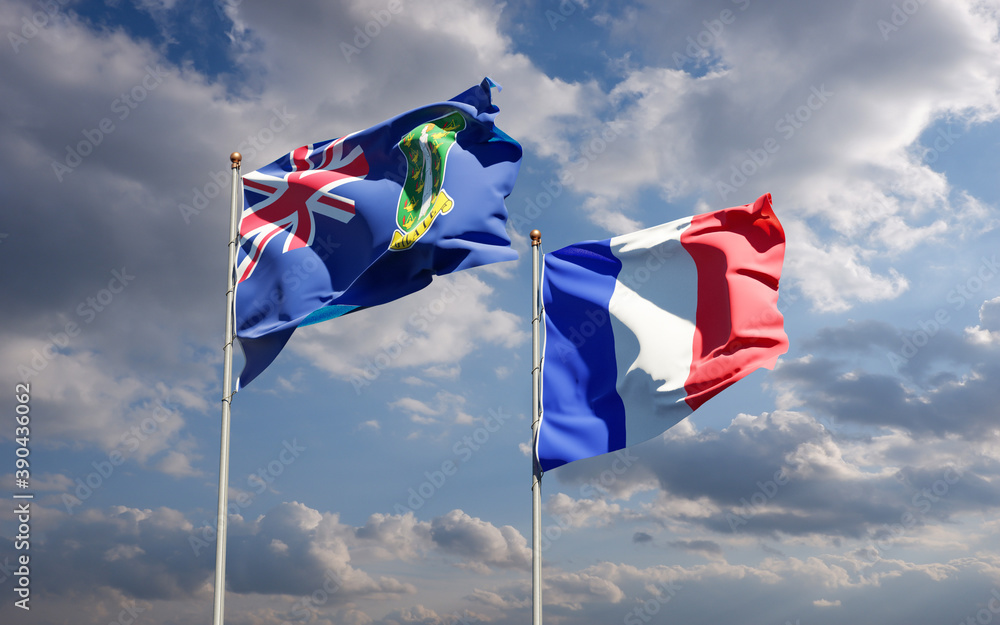 Beautiful national state flags of British Virgin Islands and France together at the sky background. 3D artwork concept. Beautiful national state flags of British Virgin Islands and France together at the sky background. 3D artwork concept.