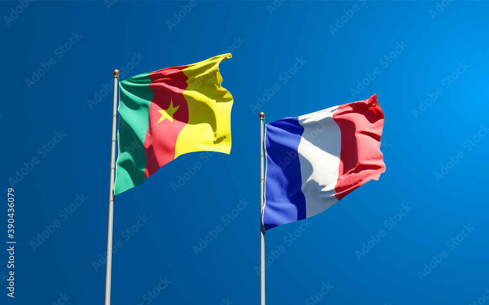 Beautiful national state flags of Cameroon and France together at the sky background. 3D artwork concept. Beautiful national state flags of Cameroon and France together at the sky background. 3D artwork concept.