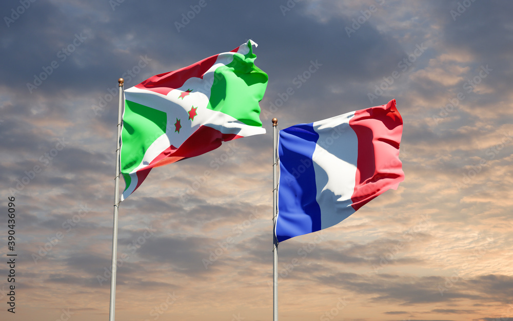 Beautiful national state flags of Burundi and France together at the sky background. 3D artwork concept. Beautiful national state flags of Burundi and France together at the sky background. 3D artwork concept.