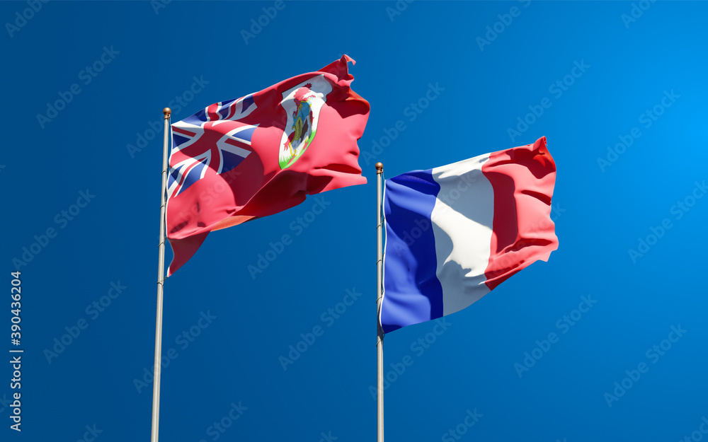 Beautiful national state flags of Bermuda and France together at the sky background. 3D artwork concept. Beautiful national state flags of Bermuda and France together at the sky background. 3D artwork concept.