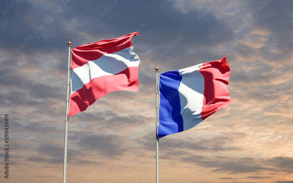 Beautiful national state flags of Austria and France together at the sky background. 3D artwork concept. Beautiful national state flags of Austria and France together at the sky background. 3D artwork concept.