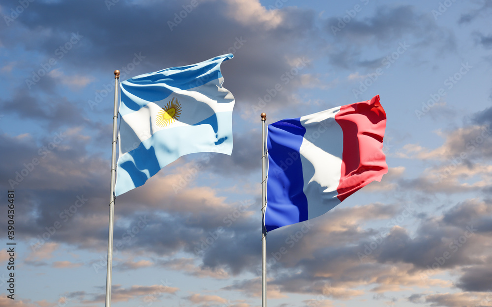 Beautiful national state flags of Argentina and France together at the sky background. 3D artwork concept.