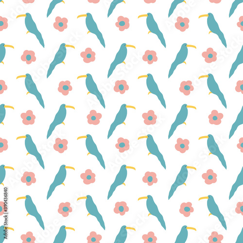Seamless pattern with cute birds, blue parrots, pink flowers. Can be used to decorate children's clothes, wallpaper, bed linen, notebooks, postcards, cups, dishes