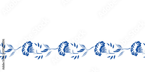 Vector classic porcelain blue floral garland. Royal hand drawn floral seamless design. Blue cutout florals on white background. Elegant nature background. Surface pattern design.