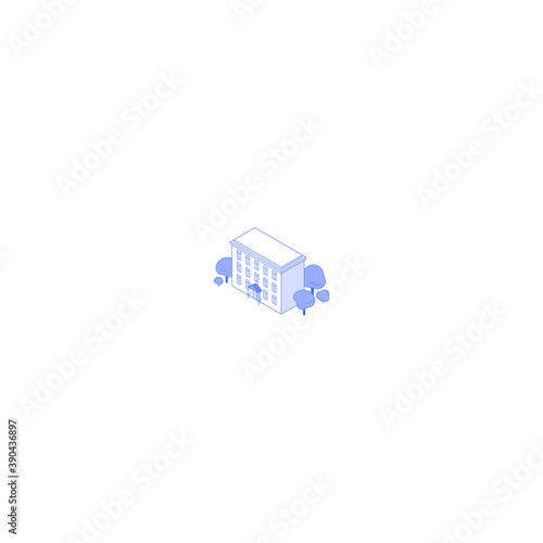 Monochrome line art isometric old apartment house illustration. Condo yard with trees around