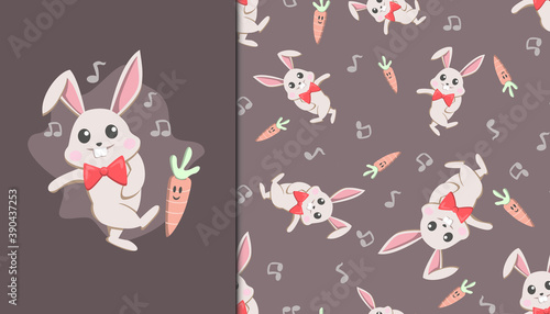 Seamless pattern with Dancing Rabbit and Carrot. Vector Illustration.