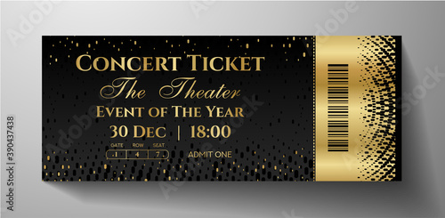 Premium black and gold ticket template design. Shimmery luxury background with abstract golden dots pattern. Useful for VIP invite, any festival, party, theater, event or entertainment show