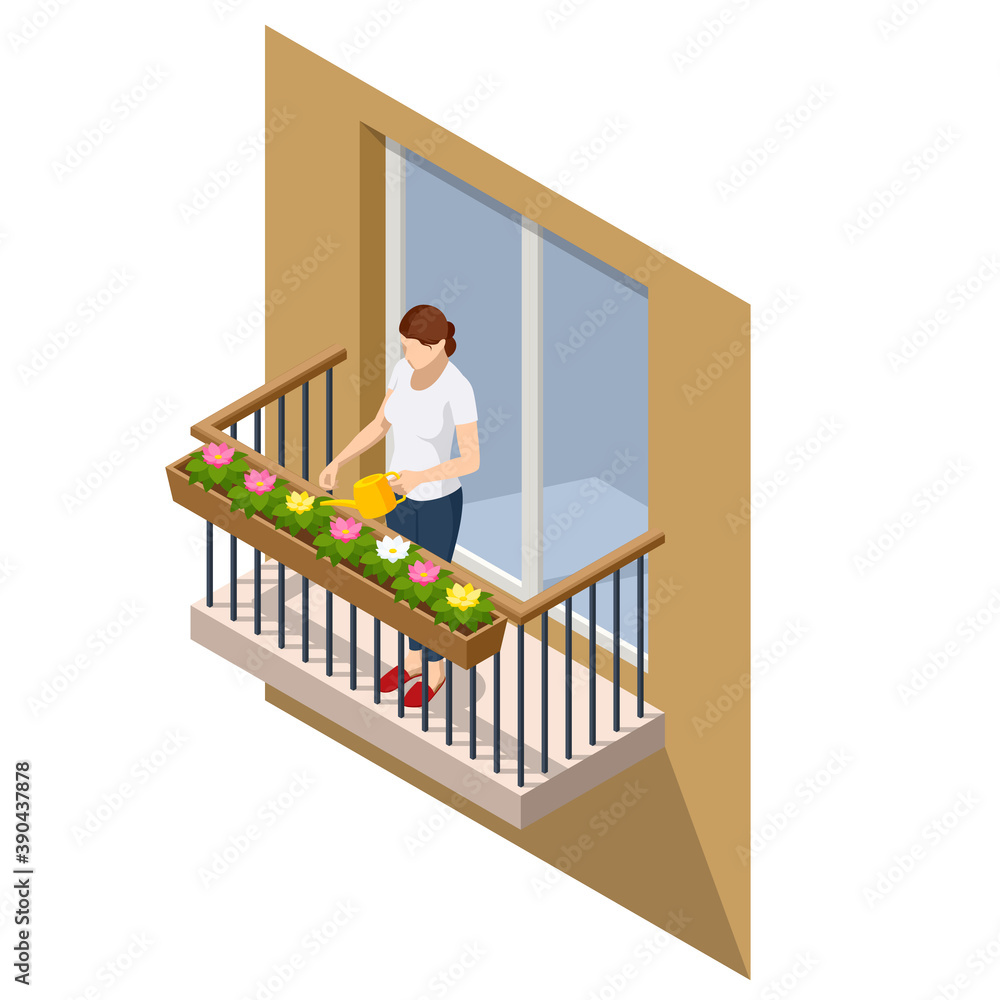 Isometric Woman Watering Flowers on Her outdoor Balcony in Summer. Open Outdoor Balcony With Metal Silver Railings isolated on background.