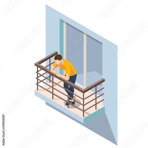 Isometric Man Resting on an Open Balcony in Summer. Open Outdoor Balcony With Metal Silver Railings isolated on background.