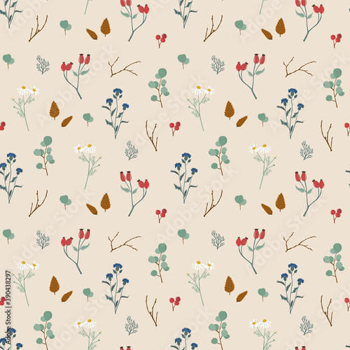 Wildflower pattern background. Hand drawn flowers, leaves and twigs. © sudevi