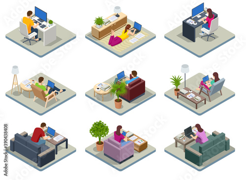 Isometric business man and woman working at home with laptop and papers on desk. Freelance or studying concept. Online meeting work form home. Home office.