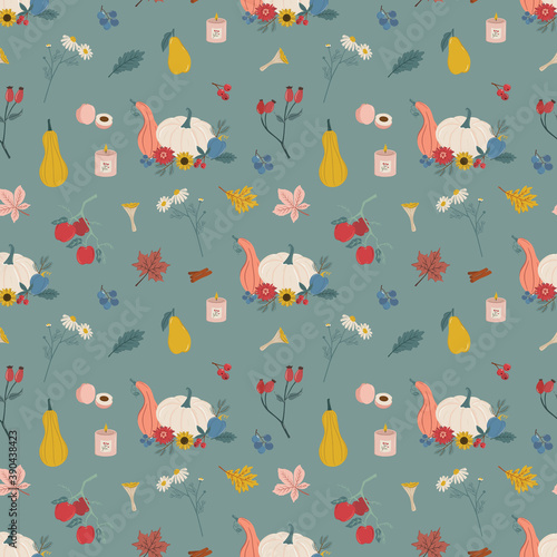 Cute Autumn Pattern Pumpkin and fall leaves vector background. Fall Harvest illustration.
