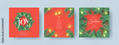Merry Christmas and Happy New Year Set of backgrounds, greeting cards, Sale posters, holiday covers. Xmas design with frame made of realistic fir tree branches, Christmas wreath and garlands lights