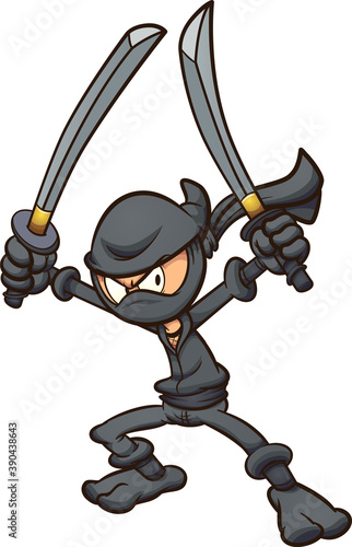 Angry cartoon ninja wielding two swords. Vector clip art illustration with simple gradients. All on a single layer. 
