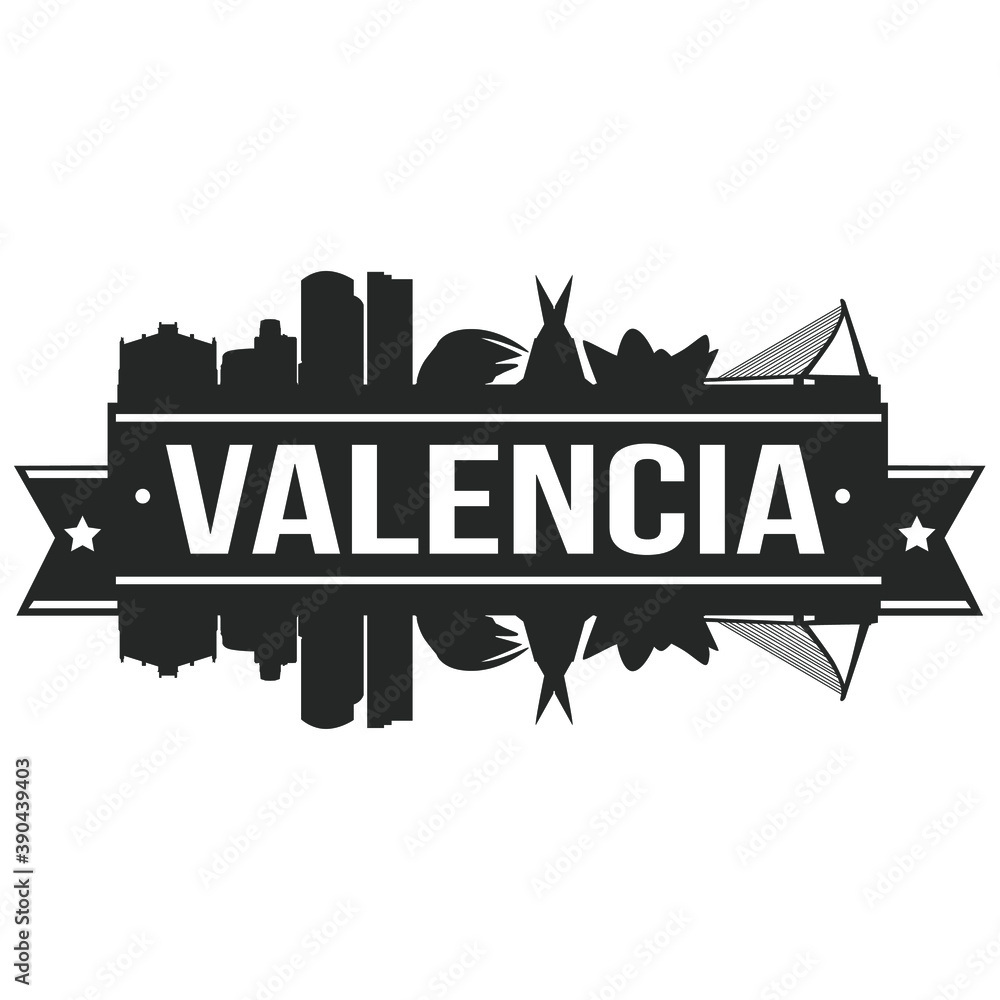Valencia Spain Skyline Silhouette City Vector Design Art Stencil.