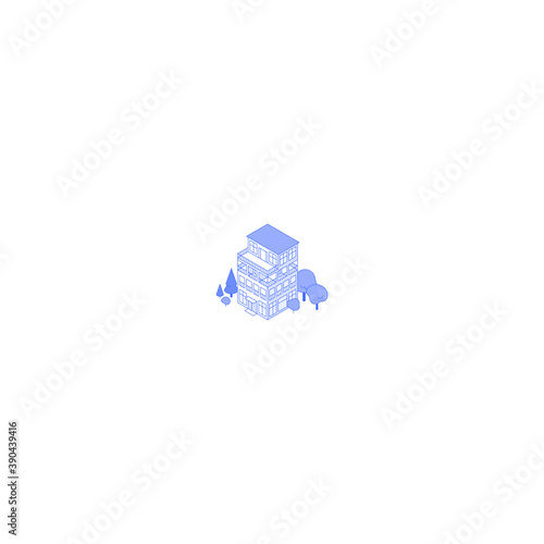 Monochrome line art isometric modern apartment house illustration. Condo yard with trees around