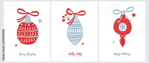 Funny Hand Drawn Christmas Vector Card. Cute Christmas Tree Decorations. Red and Blue Baubles Isolated on a White Background. Simple Blue and Red Printable Winter Holiday Illustration ideal for Card.
