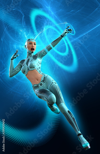 cyborg woman in action, futuristic woman in space © Tiziano Cremonini
