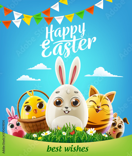 easter greeting card with eggs decorated with animals cat dog chick rabbit