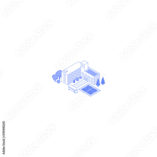 Monochrome line art isometric school building illustration. School yard with schoolbus stop trees and playground