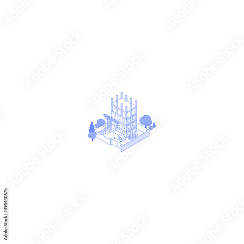 Monochrome line art isometric apartment house development illustration. Construction site with trees truck crane and materials
