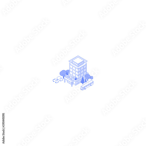 Monochrome line art isometric office building illustration. Hotel yard with trees bus stop and parking