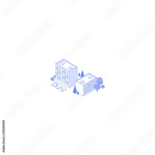 Monochrome line art isometric residential area illustration. Condo yard with trees and parking