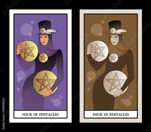 Four of pentacles. Tarot cards. Beautiful and elegant rich woman, wearing hat with feathers and four golden pentacles.