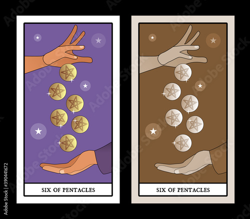 Six of pentacles. Tarot cards. A generous hand giving six golden pentacles to another hand that collects them in an attitude of asking for alms