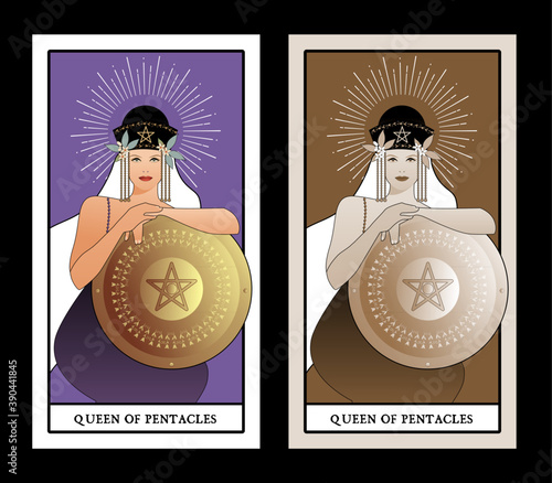 Queen of Pentacles with crown and long hair holding golden shield with the symbol of the pentacle in the center. Queen of Gold. Minor arcana Tarot cards. Spanish playing cards.