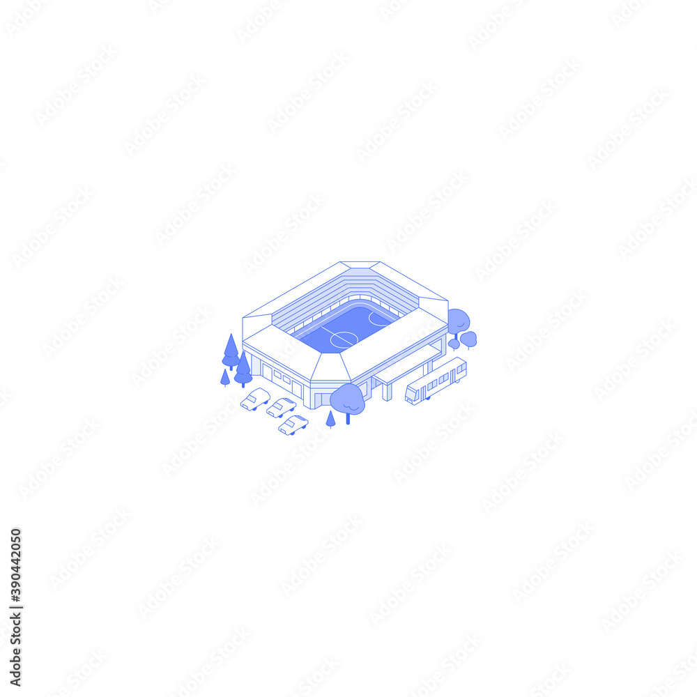Monochrome line art isometric athletic field building illustration. Stadium yard with trees and parking Monochrome line art isometric athletic field building illustration. Stadium yard with trees and parking