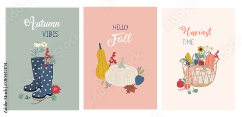 Collection of hand drawn vector cute illustrations autumn posters and hygge cards for Thanksgiving and seasonal greetings design.