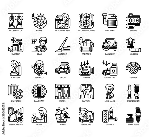 Set of automotive spar part thin line and pixel perfect icons for any web and app project.