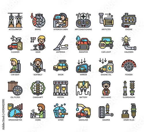 Set of automotive spar part thin line and pixel perfect icons for any web and app project.