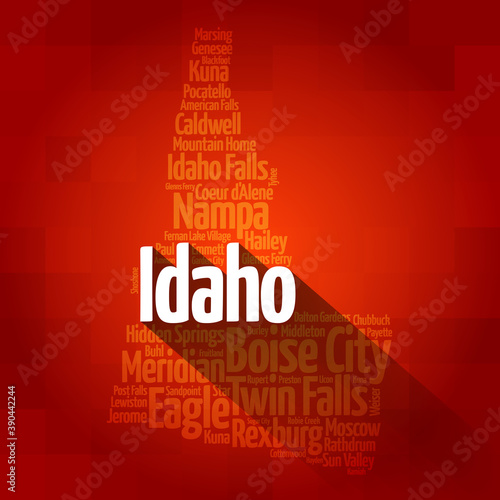 List of cities in Idaho USA state, map silhouette word cloud, map concept background photo