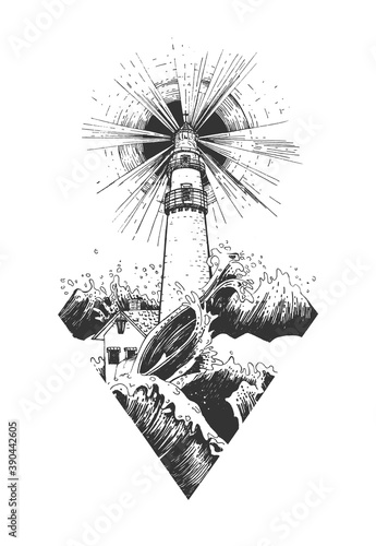 Lighthouse in stormy sea wave sketch