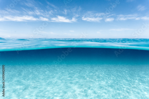 Over-under photo of surface and clear water on a beach in hawaii